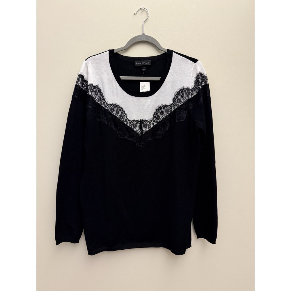 Lane Bryant Womens sz 14/16 Black White Long Sleeve‎ Lace Trim Sweater NWT